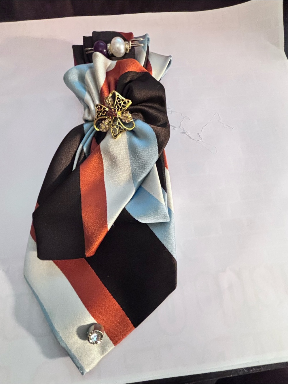 Striped Satin Neck Scarf with Gold Floral Pin